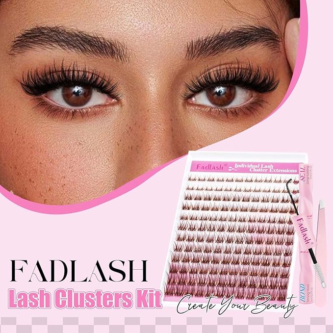 FADLASH Lash Extension Kit Fluffy Brown Lash Clusters 0.07 D Curl Wispy Eyelash Clusters with Lash Bond and Seal Lash Tweezer DIY Lash Clusters Kit for Beginners at Home(SNR028-0.07D, 8-16mm Kit)