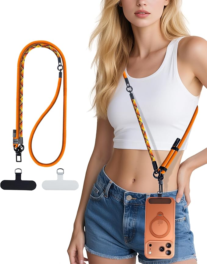 Phone Lanyard Crossbody, 3-in-1 Neck Strap& Wrist Strap, Adjustable Anti-Theft Lanyard with 2 Phone Tether Tabs, Universal CellPhone Strap for iPhone 17 Pro Max & Android, Orange