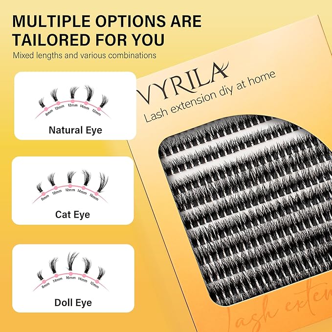 VYRILA Lash Clusters 8-16mm, False Eyelashes 288pcs, Cluster Eyelash Extensions Matte Black Soft, Diy Lash Extensions D Curl Natural Lash Clusters Faux Mink Lashes Wispy（Pizazz,288pcs,0.07,D,8-16MIX)