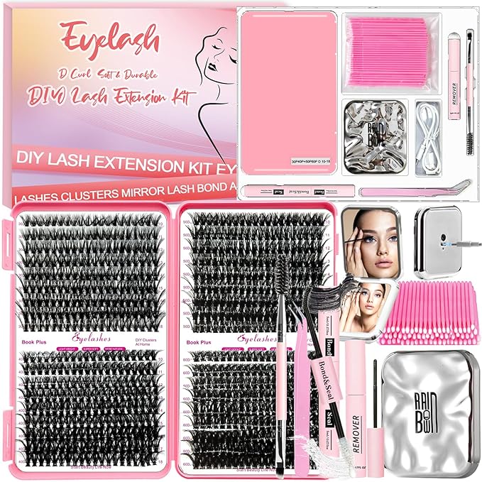 Qiveaory DIY Lash Extension Kit with 720pcs Lashes Clusters,1X/2X Magnification Compact Mirror with Light,Lash Bond and Seal,Eyelash Remover Tweezers Applicator Mascara Brush(10-18mm,30-60D Curl)