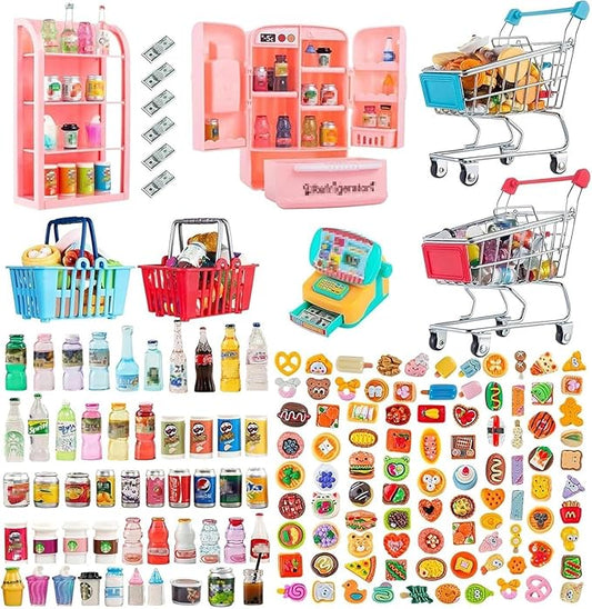 164Pcs Mini Shopping Cart Basket Miniature Food Drink Toy Supermarket Metal Handcart Trolley DollHouse Store Grocery Accessories Kitchen Play Game Party Model Shelves Cash Register Refrigerator Fridge