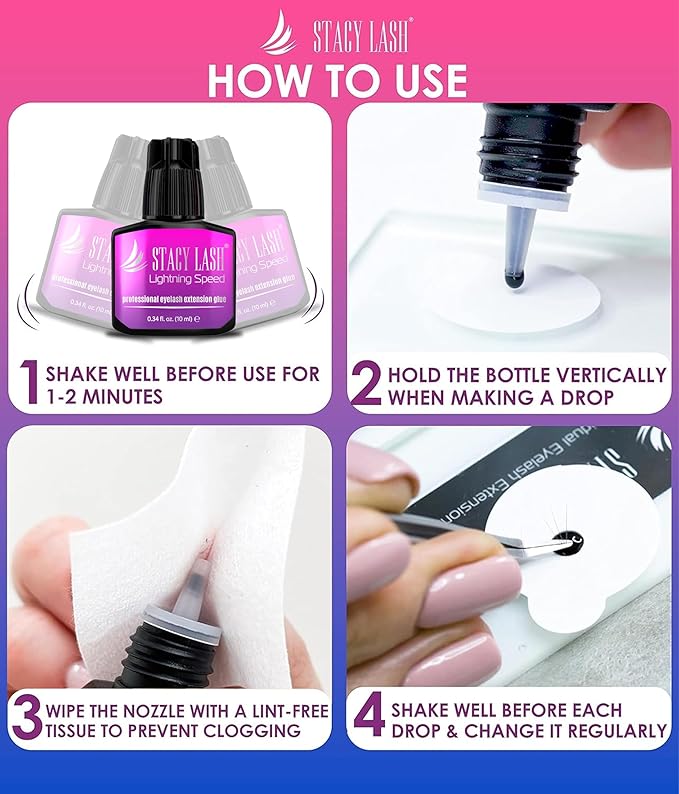 STACY LASH Lightning Speed Eyelash Extension Glue 10ml/0.34 fl.oz / 0.3 Sec Dry/Retention – 6-8 Weeks/Extra Strong Black Adhesive/Professional Supplies