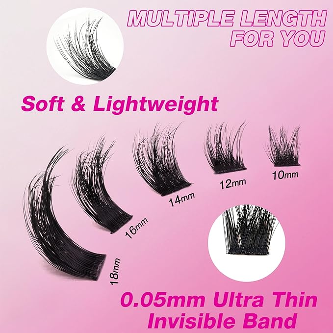 VEYESBEAUTY Lash Clusters Fluffy Individual Lash Extensions Xtreme 3D Layered Volume Eyelashes Thin & Invisible Band Wispy Faux Mink Lash Newbie's Five-Second Length 16mm