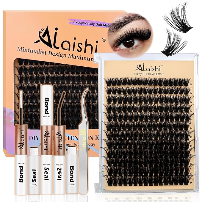 AILAISHI Lash Clusters Kit, DIY Cluster Eyelash Extensions 10‑20mm, 80D+100D, 192pcs Fluffy D Curl Natural Lashes with Bond & Seal,Tweezers–Fake Cat Eye Individual Clusters