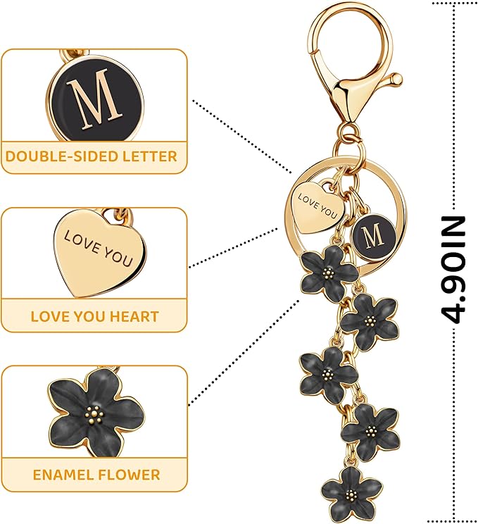 Suweibuke Cute Initial Letter Keychain with Love You Heart, Enamel Flower Charm for Key Handbag Backpack - Women Girls Gifts