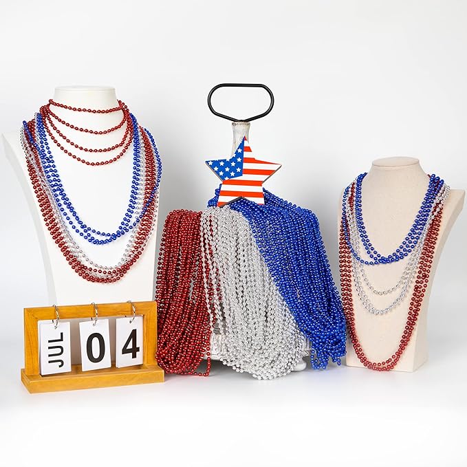 EOBOH 4th of July Necklace, 200PCS Independence Day Beads Toy Necklace Accessories, Fourth of July Red Blue Silver Bulk, Beads Bulk for Patriotic Parade Party Toy Celebration Favors