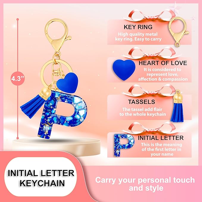 Initial Keychains for Women with Cute Heart Resin - Alphabet Letter Keychain for Bag, Backpacks, Purse or Car key