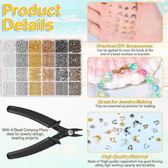 2220 Pieces Crimp Beads for Jewelry Making, Acejoz Knot Covers, Crimp Tubes and Wire Guardians with Crimping Pliers for DIY Jewelry Bracelets Necklaces Making