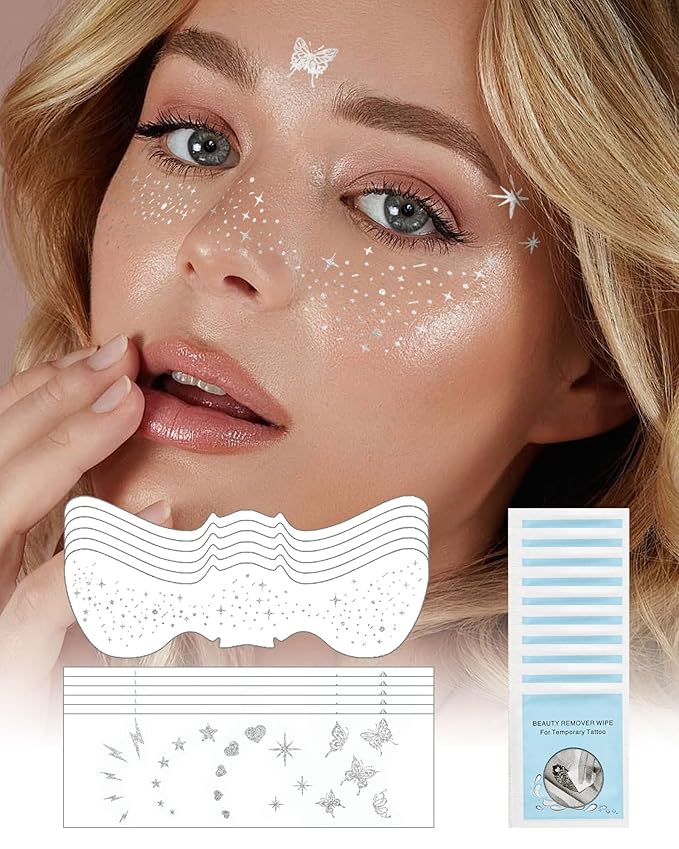 SUMEITANG Glitter Freckles Face Tattoo Patches - 12PCS Temporary Sparkle Face Stickers with 10 Remover Wipes | Waterproof Festival Rave Party Makeup Accessories for Women Girls (Silver)