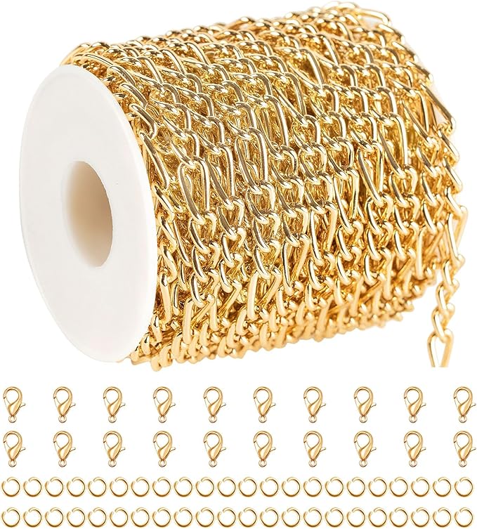 10 Meters Figaro Chain for Jewelry Making Gold Plated Aluminum Twisted Link Chains Roll with 50pcs Jump Rings + 20pcs Lobster Clasps