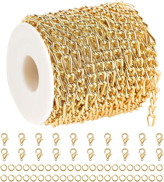 10 Meters Figaro Chain for Jewelry Making Gold Plated Aluminum Twisted Link Chains Roll with 50pcs Jump Rings + 20pcs Lobster Clasps