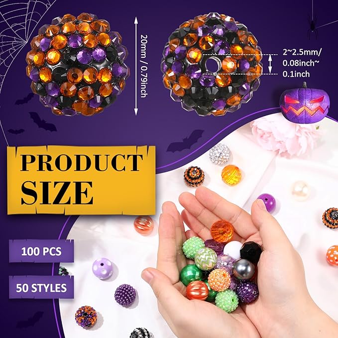 100 Pcs 20mm Rhinestone Bubblegum Beads for Pens Mixed Crystal Resin Chunky Beads for DIY Craft Keychain Necklace Bracelet Jewelry Making(Spooky Color)