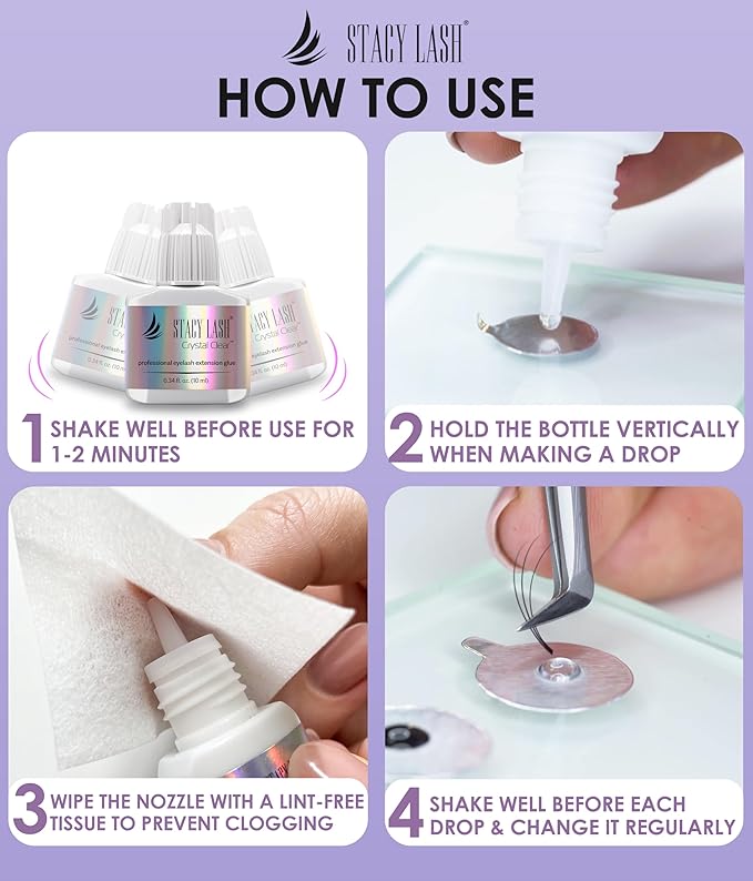STACY LASH Crystal Clear Eyelash Extension Glue (0.34fl.oz/10ml)/1 Sec Drying Time/Retention – 8 Weeks/Transparent Adhesive/Professional Supplies