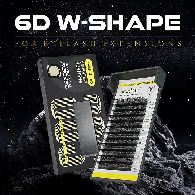 SEEDEW 6D Lash Extensions, 0.07mm C Curl 11mm 12 Rows/Tray, W Shape Flat Stem, Korean PBT Mega Volume False Eyelashes Grafting for Beginner Artist, Lash Tech, Beauty Salon(6D-Matte Black-0.07-C-11mm)