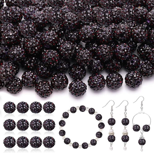120pcs 10mm Rhinestone Beads for Jewelry Making, Dark Purple Shiny Round Shamballa Disco Ball Beads, Sparkle Crystal Clay Christmas for Bracelet Baseball Necklace Earring Crafting and DIY