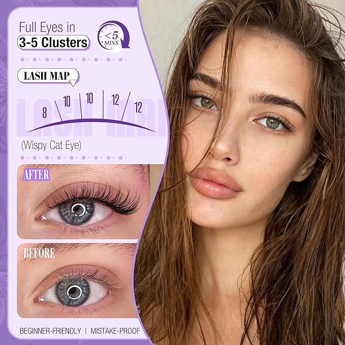 Natural Lash Clusters 8MM 10MM 12MM Eyelash Clusters Short Wispy DIY Lash Extensions CC Curve Individual Lashes Fluffy Cluster Eyelash Extensions for Clean Girl & No Makeup