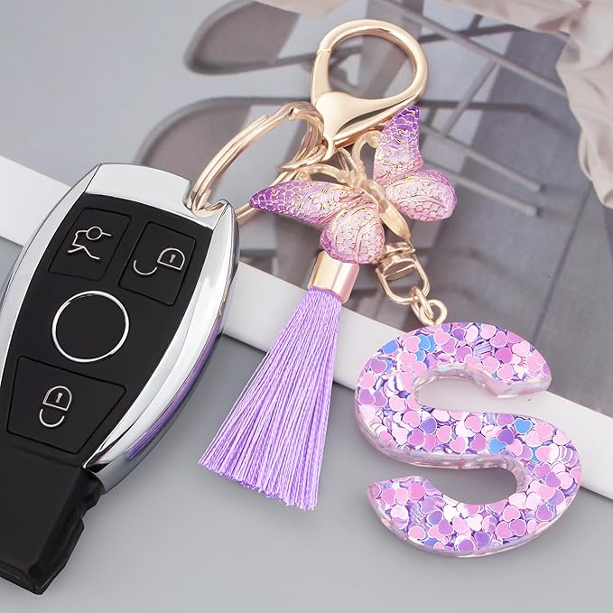 Initial letter Keychains for Women Girls Tassel Butterfly Cute Keychain for Wallet Backpack charm
