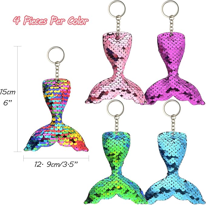 FEPITO 20 PCS Glitter Mermaid Tail Keychains for DIY Projects and Crafts, Mermaid Sequins Keychains Under The Sea Birthday Party Supplies Gifts