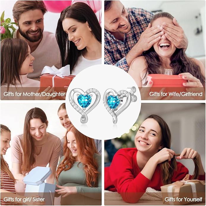 Zifeel Earrings for Women, S925 Sterling Silver Rose Gold Birthstone Heart Studs Earring for Girlfriend Wife, Anniversary Birthday Christmas Valentines Mothers Day Gifts Jewelry for Women Wife Her Mom