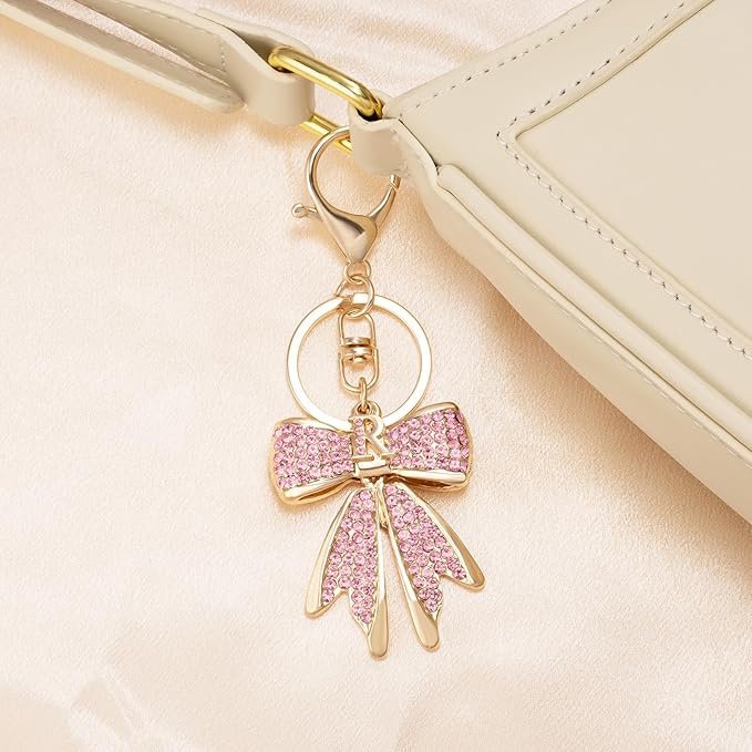 XGALBLA Sparkly Cute Initial Letter Rhinestone Bow Keychain for Women Gold Tone Bag Charms Coquette Aesthetic Purse Charms