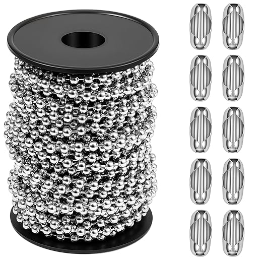 50 Feet Stainless Steel Ball Bead Chain #10/4.5mm Beaded Chain with Spool & 10pcs Matching Connectors Ball Chain for Roller Shades, Dog Tag, Bracelets, Necklace, Keychain, Jewelry & DIY Crafts