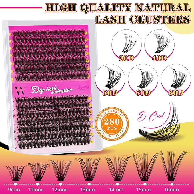 Lash Clusters 280PCS Individual Lashes D Curl Eyelash Clusters Mixed Length Cluster Eyelash Extensions Clusters Lashes with Thin Band Soft False Eyelashes DIY at Home(40D+50D,D-Mix9-16mm)