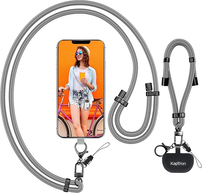 Kaptron 2Pcs Cell Phone Lanyard: Universal Adjustable Crossbody Phone Strap and Wrist Strap, with 2 Lobster Clips and 2 Tether Patches, Compatible with Most iPhone and Android Smartphones (Gray)