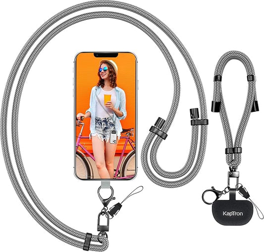 Kaptron 2Pcs Cell Phone Lanyard: Universal Adjustable Crossbody Phone Strap and Wrist Strap, with 2 Lobster Clips and 2 Tether Patches, Compatible with Most iPhone and Android Smartphones (Gray)