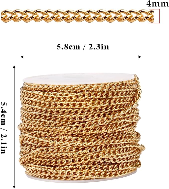 33 Feet 18K Gold PVD Plated Stainless Steel Curb Chain Bulk, 4mm 304 Stainless Steel Flat Twisted Link Chains Roll Spool for Jewelry Making Necklace DIY Craft