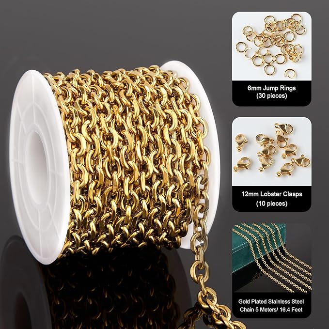 UMAOKANG 5 Meters Gold Cable Chain for Jewelry Making Stainless Steel Bulk Chains on Spool with Jump Rings and Lobster Clasps