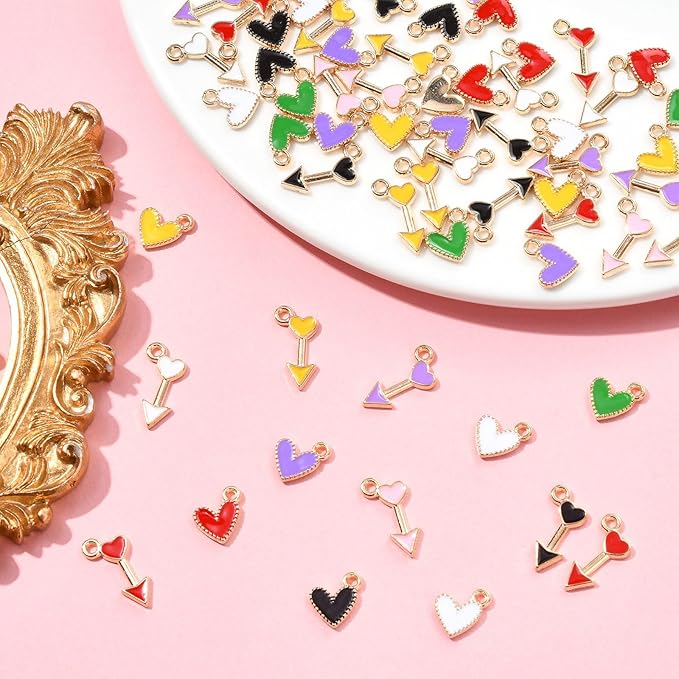 Stiesy 60 Pcs 12 Styles Romantic Enamel Heart & Arrow Charms Alloy Golden Dangle Pendants Charms Bulk For Women Jewelry Making Earrings Necklace Bracelets DIY Crafts Supplies