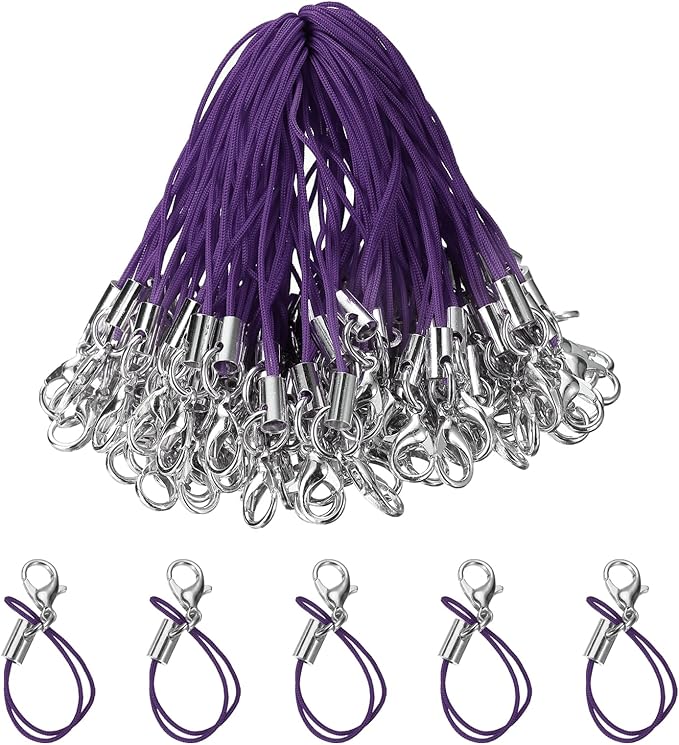 HARFINGTON 100Pcs Clasp Cords Clasp Strap Lanyard Charm Short Finger Rope with Lobster Clasp for Cellphone Cases Keychain DIY Jewelry Making, Purple