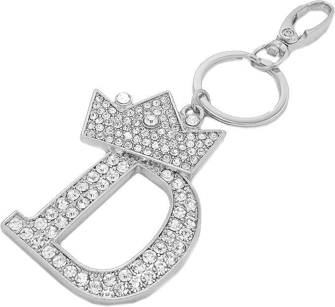 CBC Crown Crystal Rhinestone Letter Initial Keychain, Gold Metal, Bag Charm with Key Ring Approx. 2.17" x 2.56"