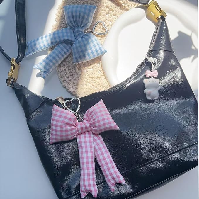 Pink Bow Keychain Bag Charms Y2K Bowknot Plaid Keychains Coquette Aesthetic Purse Handbag Backpacks Charms