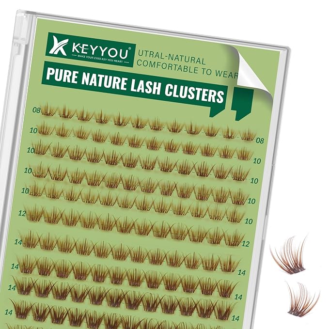KEYYOU Natural Lash Clusters Wispy Eyelash Clusters 144 pcs Cluster Eyelash Extensions D Curl Individual Lashes 8-16MIX Mix Length Light and Natural Lashes Look with Thin Lash (N03-Brown-8-16MIX-D)