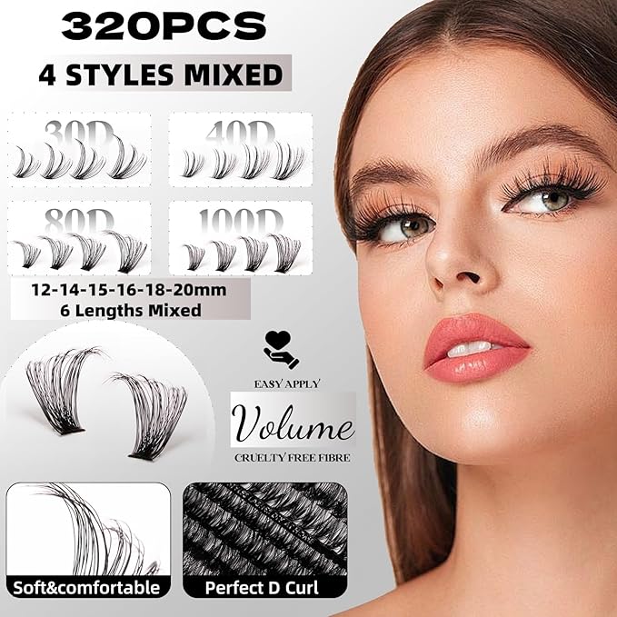 Lash Clusters 320pcs Lash Extension Kit 30D 40D 80D 100D Individual Lashes Kit 12-20mm Eyelash Extension Kit with Lash Bond+Seal,Lash Remover and Lash Tweezers for Easy Use(30/40/80/100D-0.07D Kit)