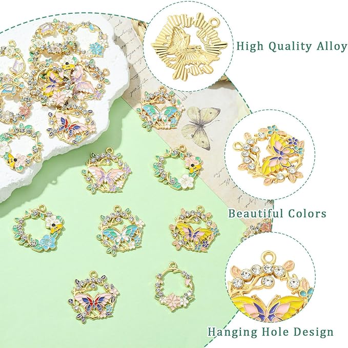 Stiesy 20 Pcs 10 Styles Spring Flower Wreath Charms Enamel Metal Charm Pendant with Rhinestone Butterfly Bee for Jewelry Making DIY Bracelet Earring Necklace Crafting
