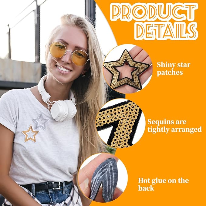 20pcs Star Iron on Patches, 5 Colors Star Embroidered Appliques Sew on Patches, Sequin & Glitter Embroidered Patches for DIY Clothes Pants Hats Shoes Bags