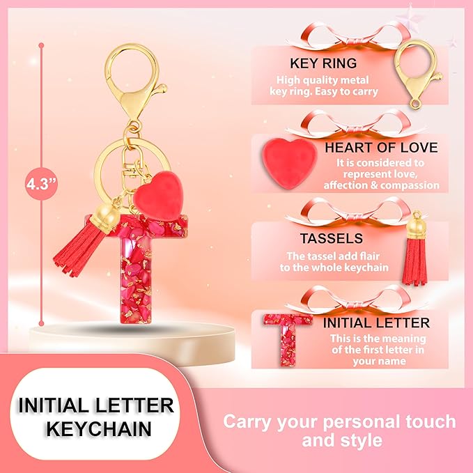 Initial Keychains for Women with Cute Heart Resin - Alphabet Letter Keychain for Bag, Backpacks, Purse or Car key