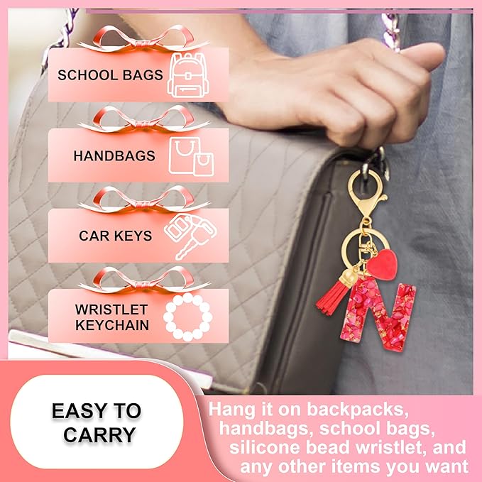 Initial Keychains for Women with Cute Heart Resin - Alphabet Letter Keychain for Bag, Backpacks, Purse or Car key
