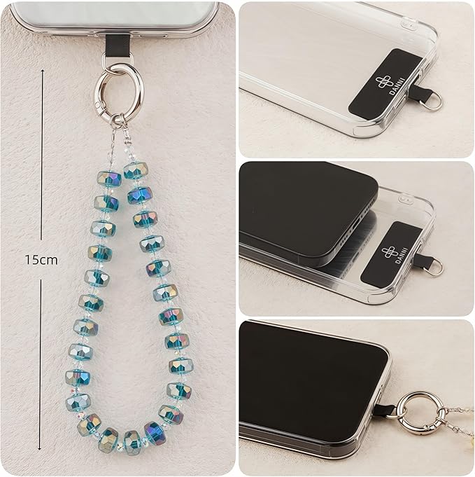 Crystal Beaded Phone Wrist Strap Glass Beads Bracelet Lanyard Crystal Chain Cell Phone Wristlet Strap for Women (Aqua Glass Green)