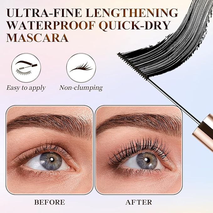 Ultra-Fine Lengthening Waterproof Quick-Dry Mascara,2026 New Iron Wand Mascara,Long-lasting 3D Curling Eyelash,Waterproof Metal Wand Mascaras,Smudge Proof and No Flakingfor Fine Short Lash(Brown+Back)