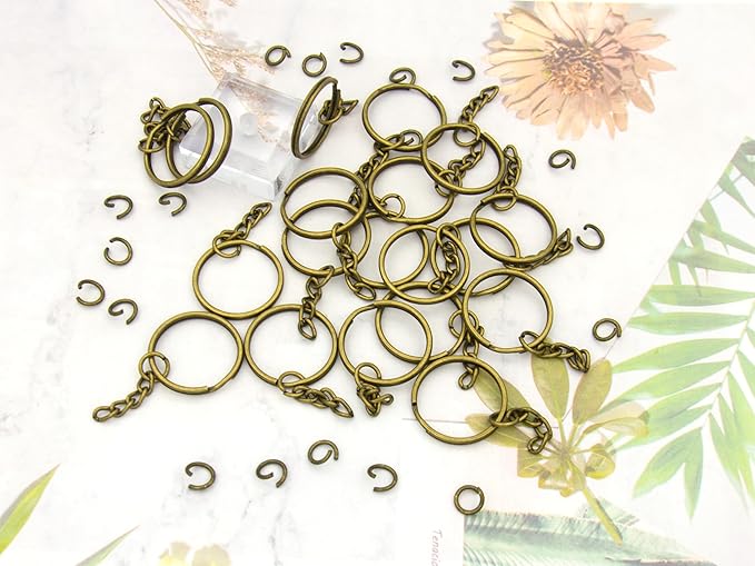 50Sets 1 inch Keychain Rings Bronze Split Round Key Ring with Chain and Open Jump Rings for DIY Keychain Making Crafts