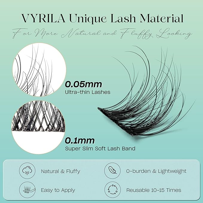 VYRILA Lash Clusters 0.05mm Individual Lashes, 3D Wispy Lashes Clusters, 0.1mm Super Thin Band Resuable Natural Lashes,D Curl Faux Mink Lashes,120pcs Lash Extension (Green Joy-D-0.05-8-16mix)