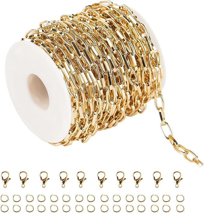 32.8 Feet Aluminum Link Chain Light Gold Flat Oval Chains for Jewelry Making Unwelded Paperclip Chain Spool Necklace Chains Bulk with Lobster Clasps and Jump Rings