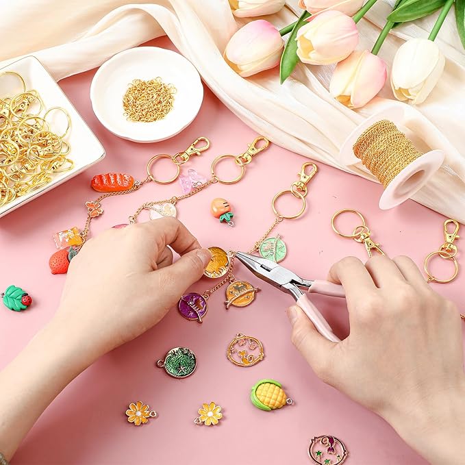 VioraWhite 227 Pcs Christmas Lip Gloss Keychain Making Kit Bulk 24 Keychain Clips with Lobster Claw Clasps 200 Jump Ring Chain Plier Hole Puncher for DIY Lip Gloss Crafts Supplies(Gold)