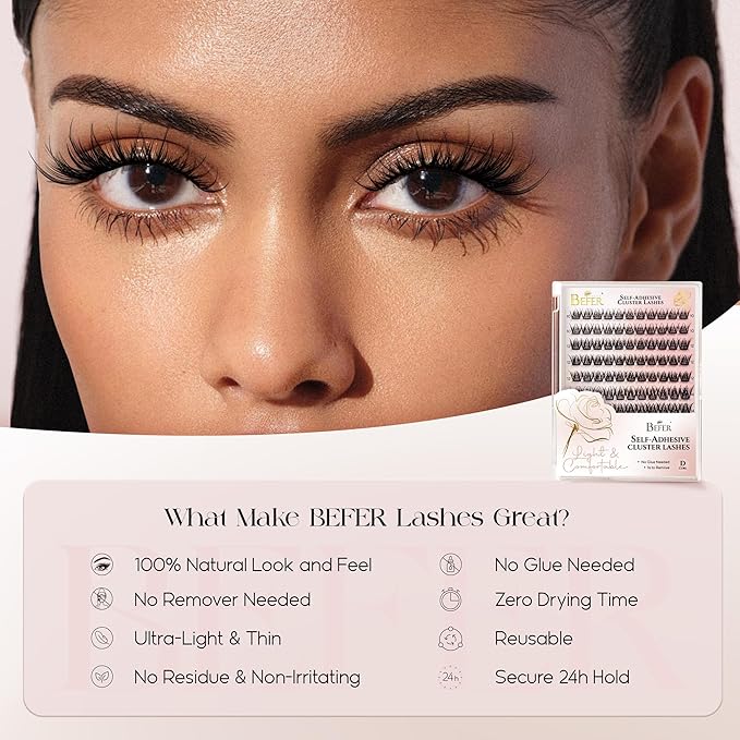 BEFER Self Adhesive Eyelashes Clusters, D Curl 10-16MM Pre Glued Lash Natural Look No Glue No Remover Needed Reusable Lashes Press on Eyelash Clusters Easy for Use DIY at Home(TYB85,Flare)