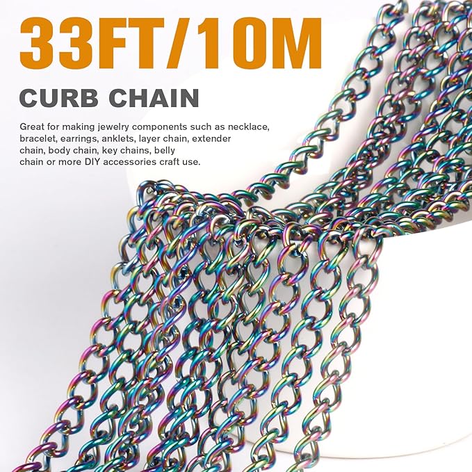 33FT Colorful Stainless Steel Curb Chains Roll, 5mm 304 Stainless Steel Multi Color Flat Twisted Links Curb Chains Bulk Spool for Jewelry Making DIY Craft