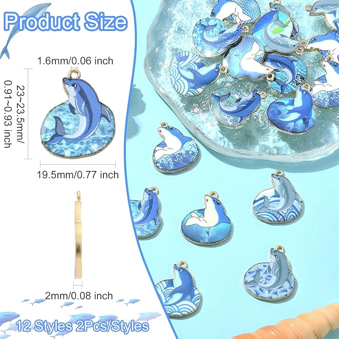 Stiesy 24 Pcs 12 Styles Blue Printed Dolphin Charms Pendants Sea Animal Enamel Alloy Metal Charms for Jewelry Crafts Necklace Bracelets Earring Making DIY Presents