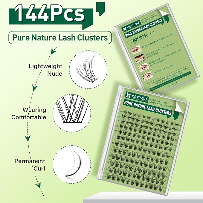 Natural Lash Clusters Wispy Eyelash Clusters 144 pcs Cluster Eyelash Extensions D Curl Individual Lashes 8-18MIX Mix Length Light and Natural Lashes Look with Thin Lash Band by KEYYOU(N04-8-18MIX-D)